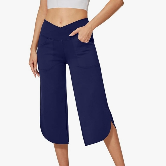 G4FREE | high waist wide leg flowy yoga split hem crop capri pants - Picture 7 of 8